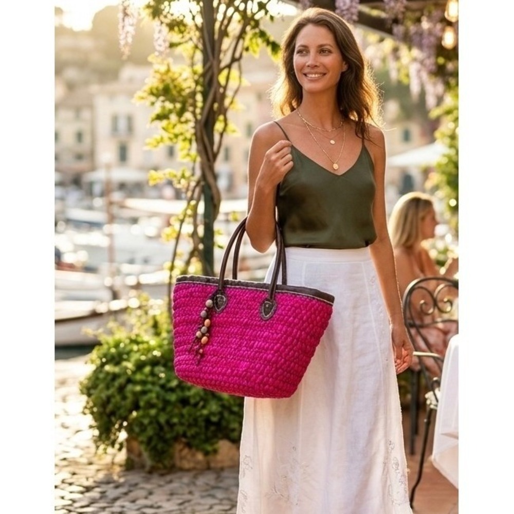Limited Edition Hot Pink Woven Straw Tote Bag Faux Leather Trim Beaded Tassel